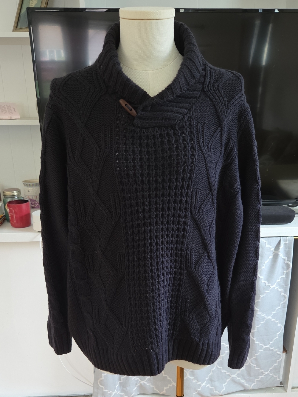 Weatherproof Men's Black Cable‑Knit Turtleneck Sweater with Button Tab